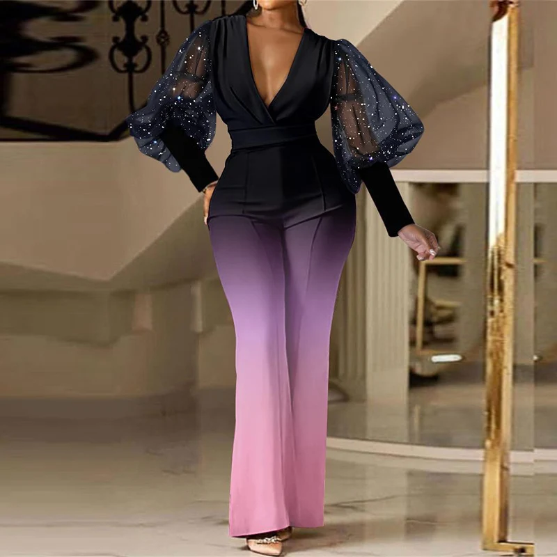 

New Elegant High Waist Slim Office Overalls Women Gradient Mesh Flared Lantern Sleeve Jumpsuit Sexy V Neck Bodycon Party Rompers