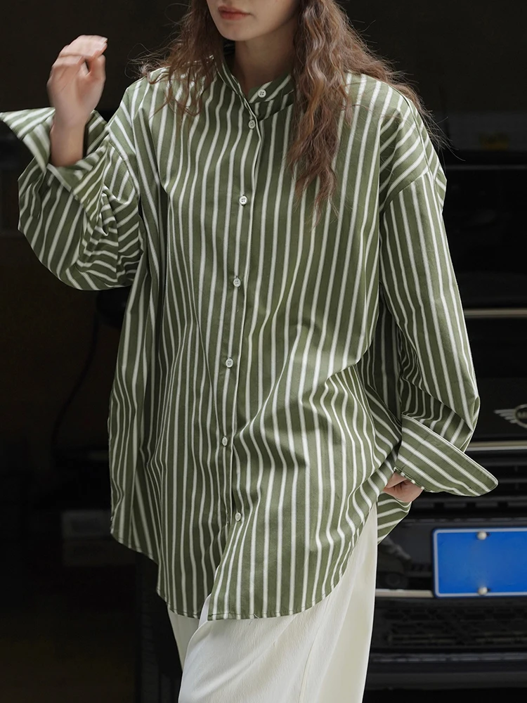 Женская свободная рубашка LANMREM однобортная блузка в полоску с круглым вырезом и