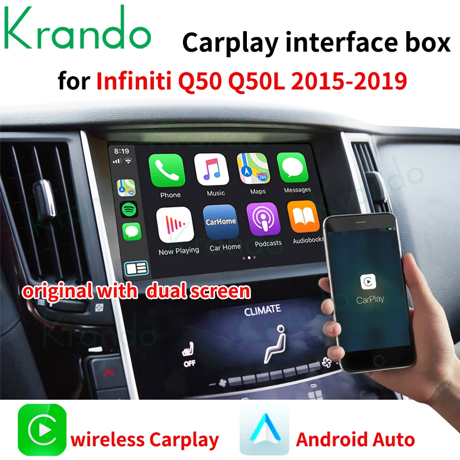 

Беспроводной автомобильный смарт-бокс Krando Apple с интерфейсом Carplay для Infiniti Q50 Q60 Q70 QX50 2015-2019