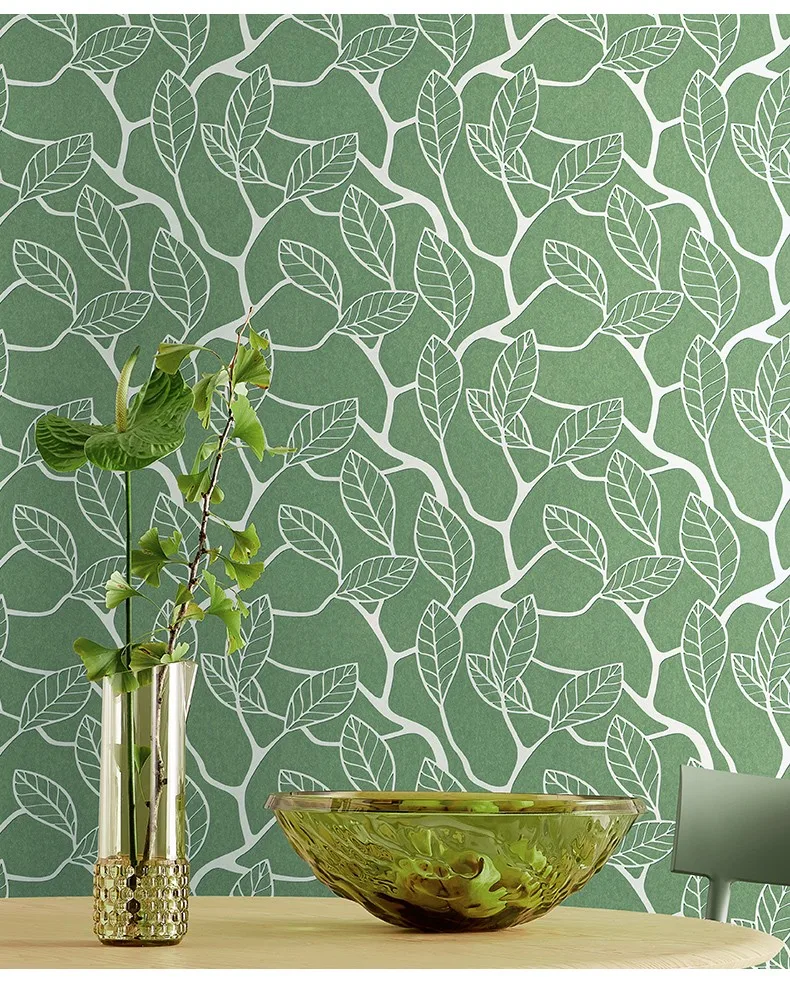 Настенные обои в скандинавском стиле с изображением зеленых листьев