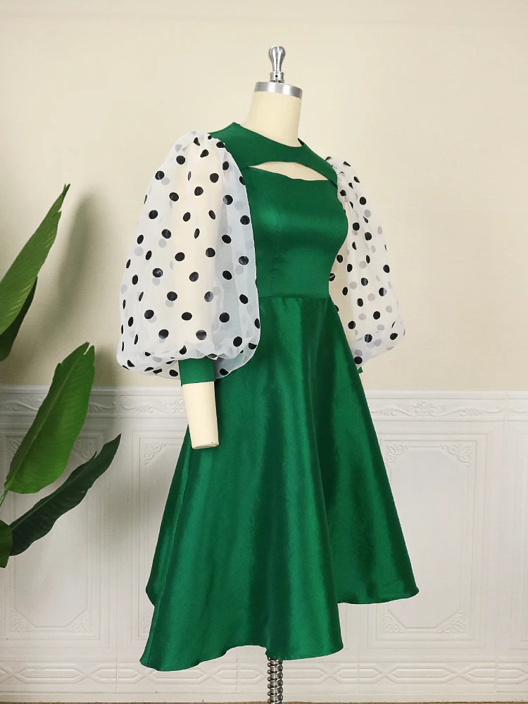 Women Elegant Dress Tulle Dots Patchwork Flared Swing Long Sleeve Skater formal Dress Summer Big Size Outfit Clothing