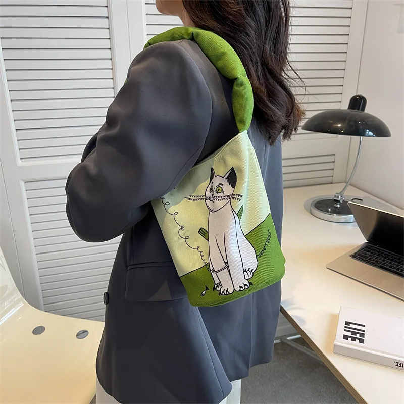 

Новинка 2022, летняя сумка-мешок ручной работы с иллюстрацией кота, хлопковый наплечный ремень, модная оригинальная Холщовая Сумка на одно плечо для девушек