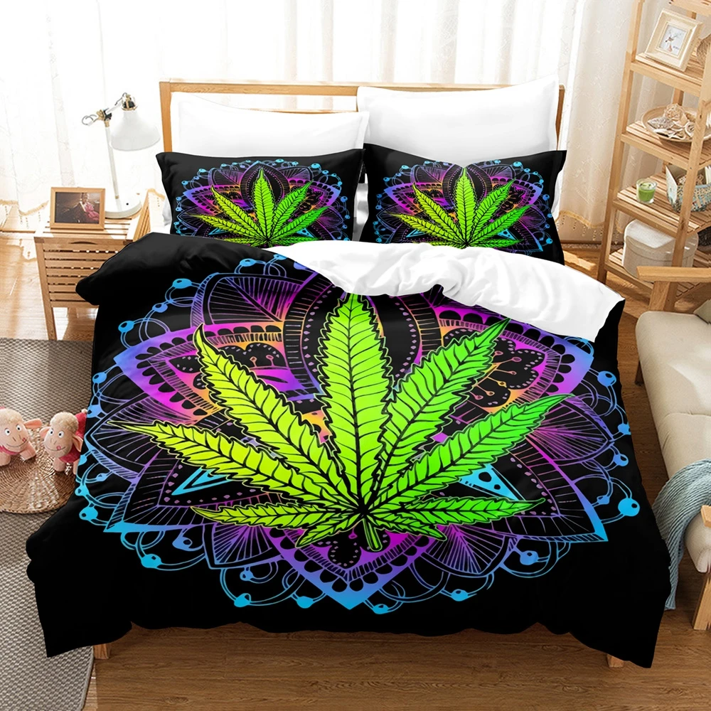 

Evich Dark Color Bedding Set of 3Pcs with Colorful Maple Leaves Single Double Queen Size Quilt Cover Bedclothes Pillowcase