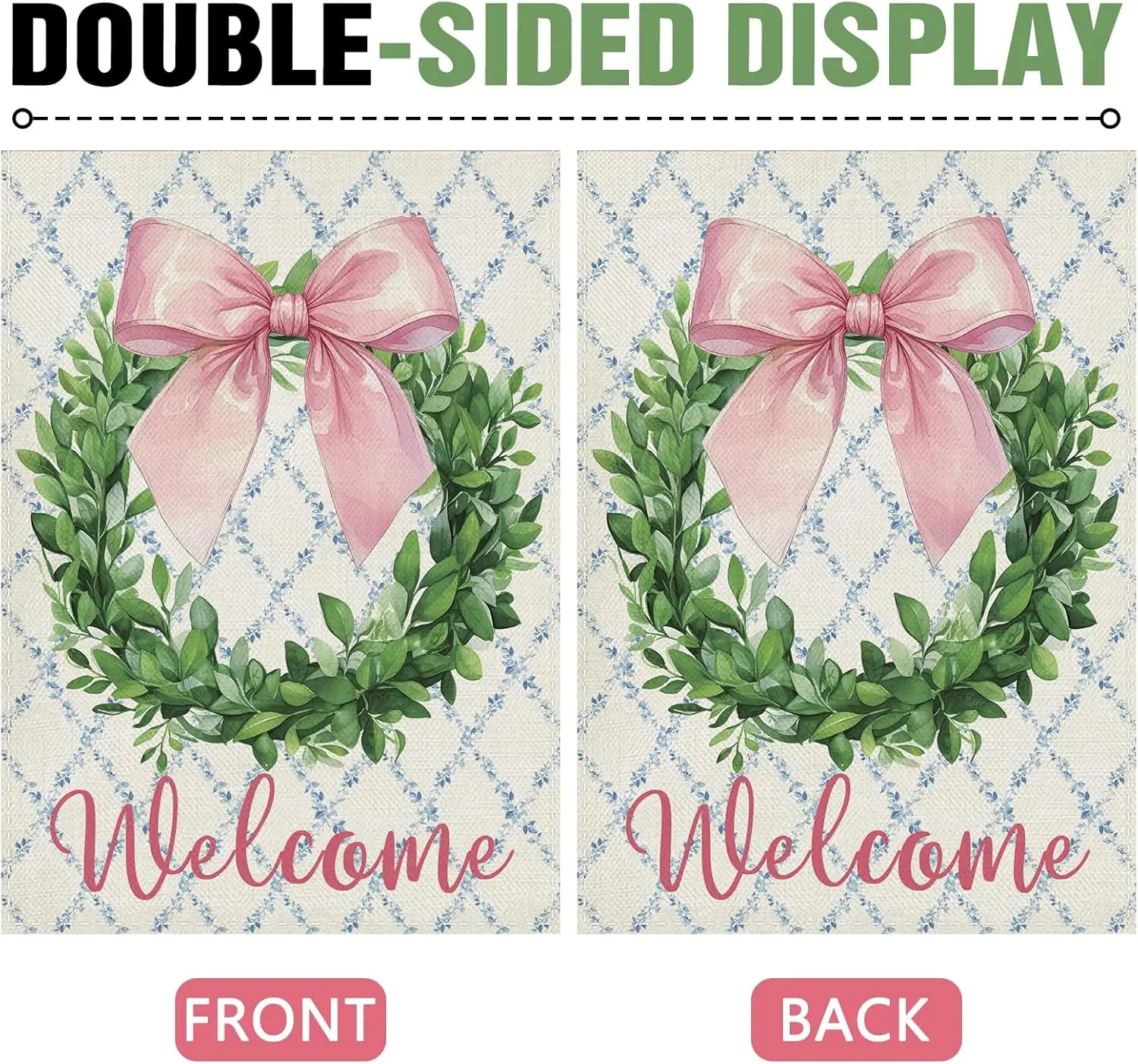 Фото Декоративный садовый флаг Dyrenson Welcome Pink Bow Wreath, с розовым бантом, листьями эвкалипта и лентой в стиле кокетель, для украшения двора и дома, Bot YYX №4