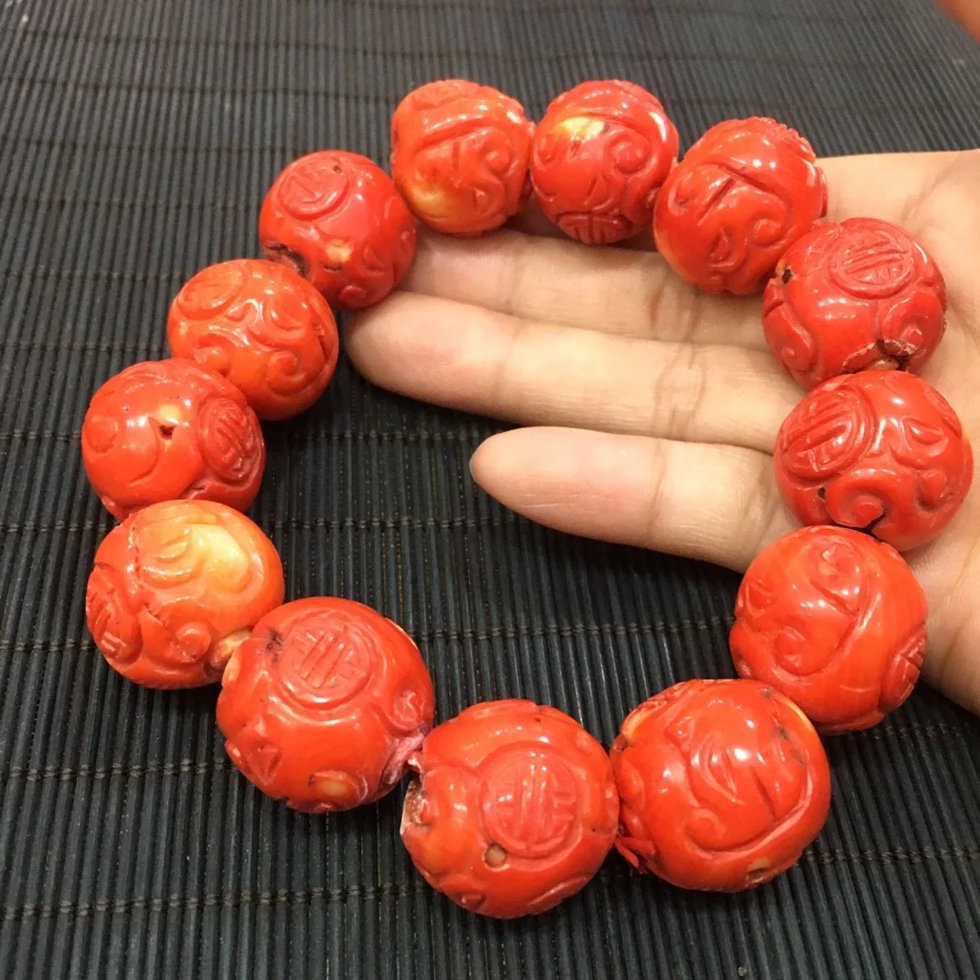 

Natural Red Coral Dragon Beads Bracelet Men Women Precious Real Coral Beautifully Carved Patterns Dragon Ball Bracelets Bangle
