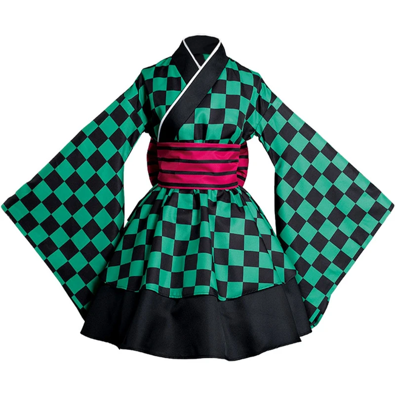 

New Anime Cosplay Demon Slayer Bow Tie Kimono Set Kimetsu No Yaiba Tanjiro Cosplay Clothing Halloween Costume for Women