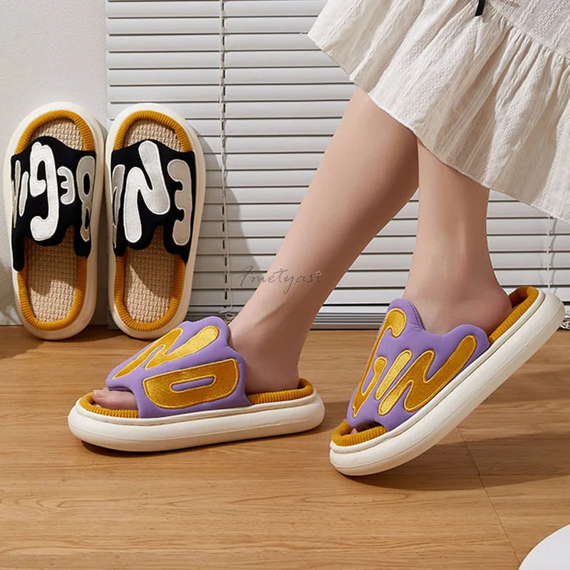 All Season Women Slippers for Home Embroidery Letters Mix-color Female House Slides Cotton Linen Indoor Slipper Woman Flat Shoes