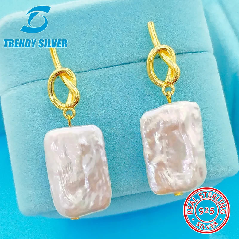 

Baroque Pearl Earrings 925 Sterling Silver Earrings French Retro Temperament Shaped Beads Natural Large Square Stud Earrings for