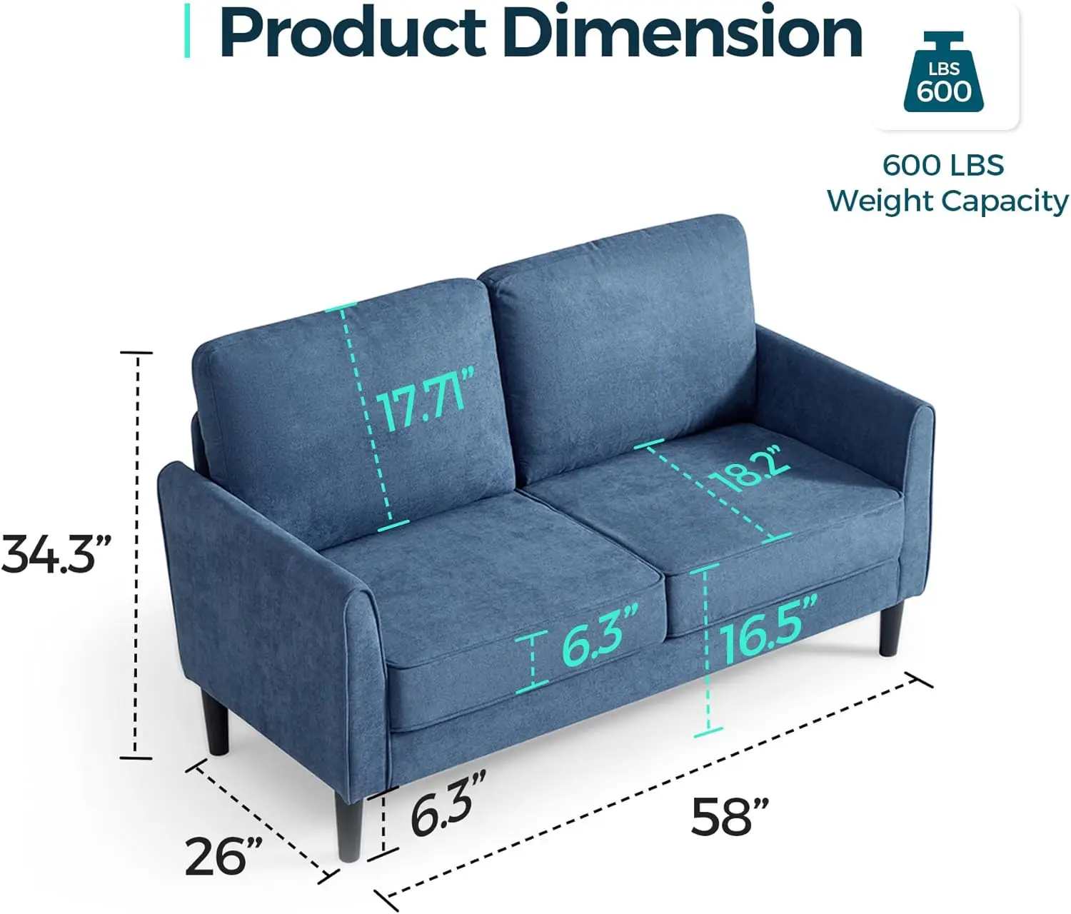 58-дюймовый двухместный диван небольшой современный удобный для спальни и