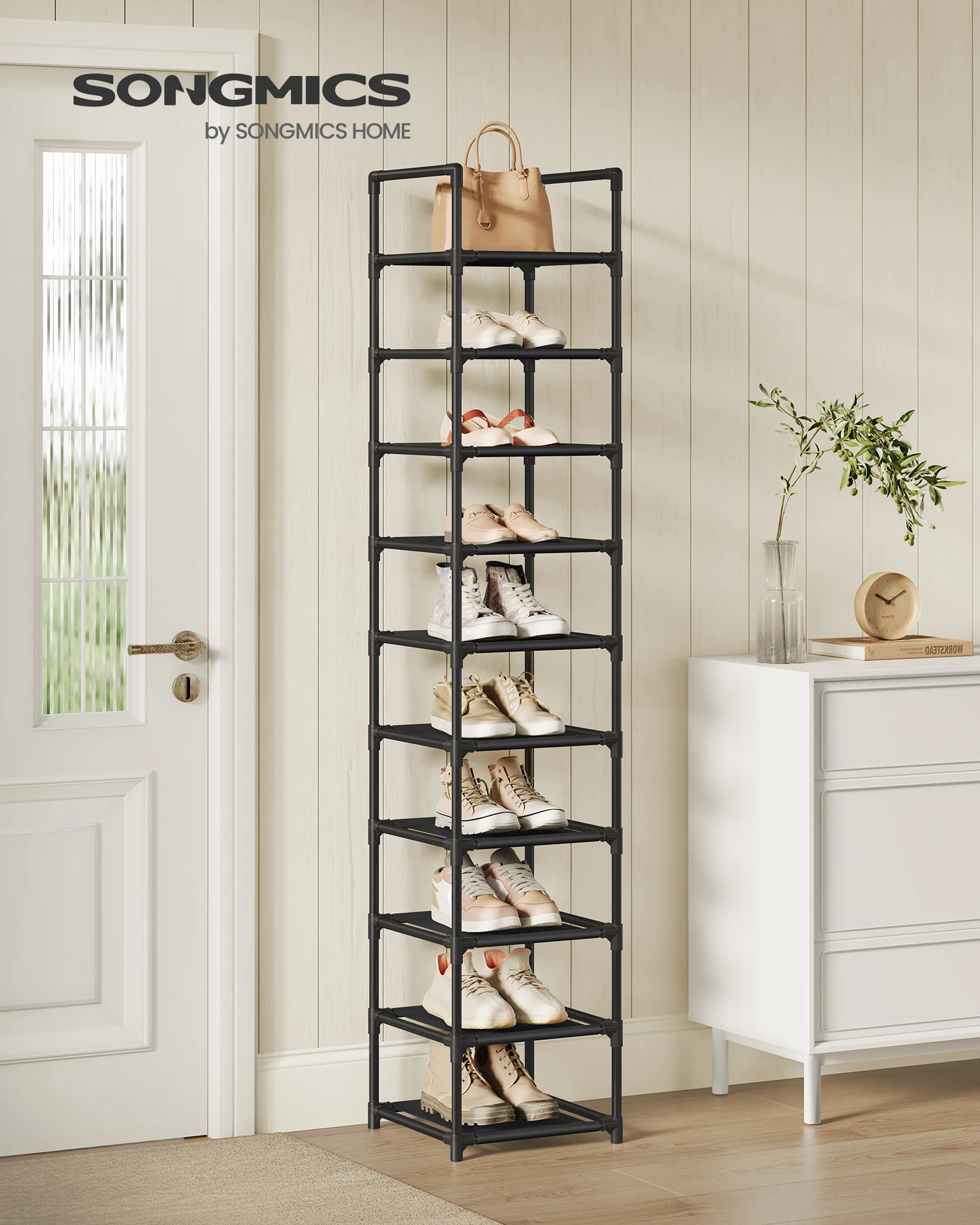 SONGMICS 10-Tier Shoe Rack, Shoe Stand, Space-Saving Shoe Storage, 33 x 33 x 173 cm, Metal Frame, Black/ Grey
