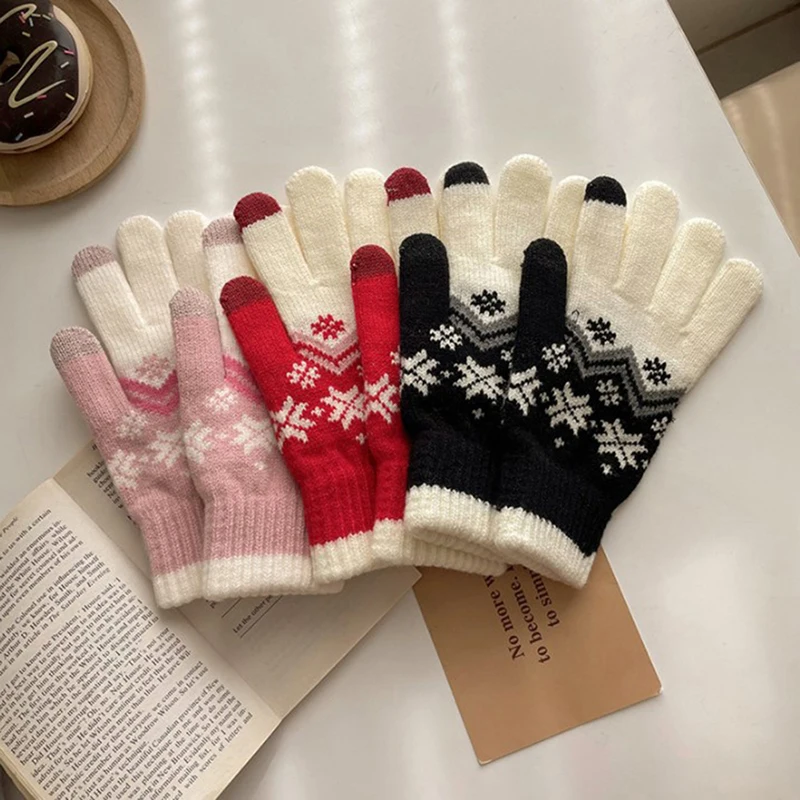 

2023 Winter Warm Gloves Christmas Snowflake Knitted Gloves Wool Touchscreen Mittens Thickened Cold Proof Cycling Couple Fingers