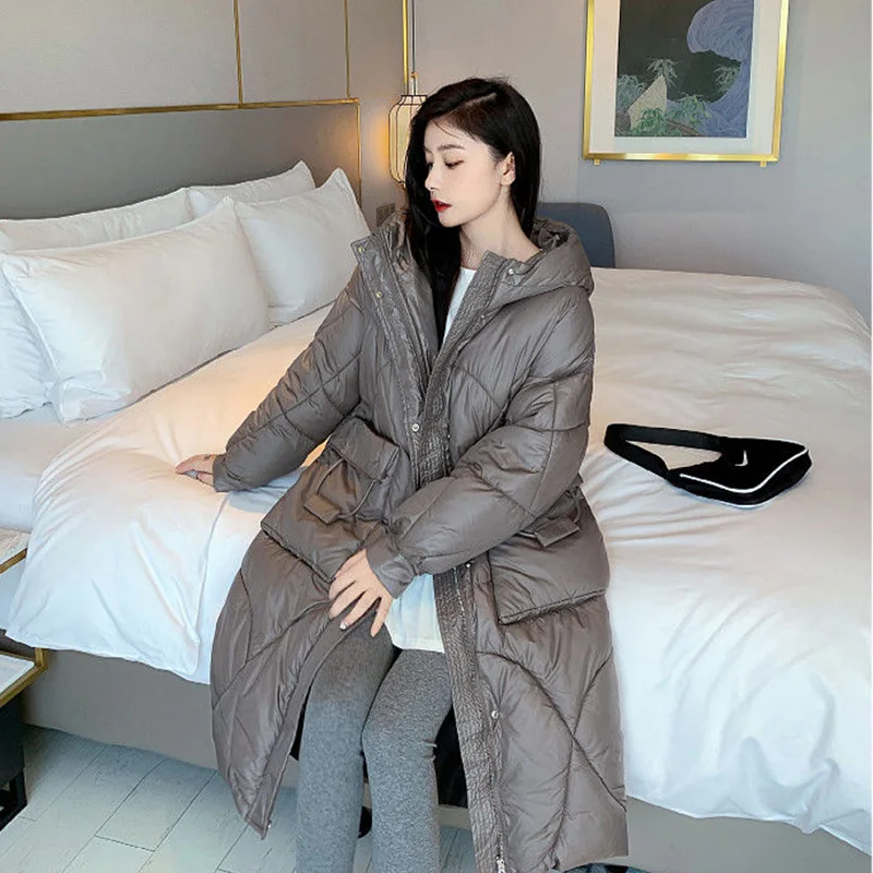 Cotton Jacket Women 2022 Autumn Winter New Long Hat Big Pocket Pure Color Fashion Korean Version Loose Thick Warm Coats Female