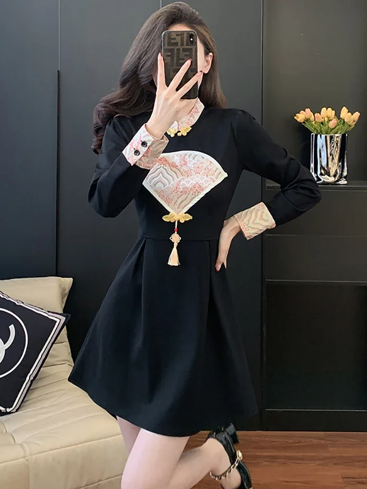 Женское винтажное платье в Корейском стиле Осеннее черное лоскутное короткое с