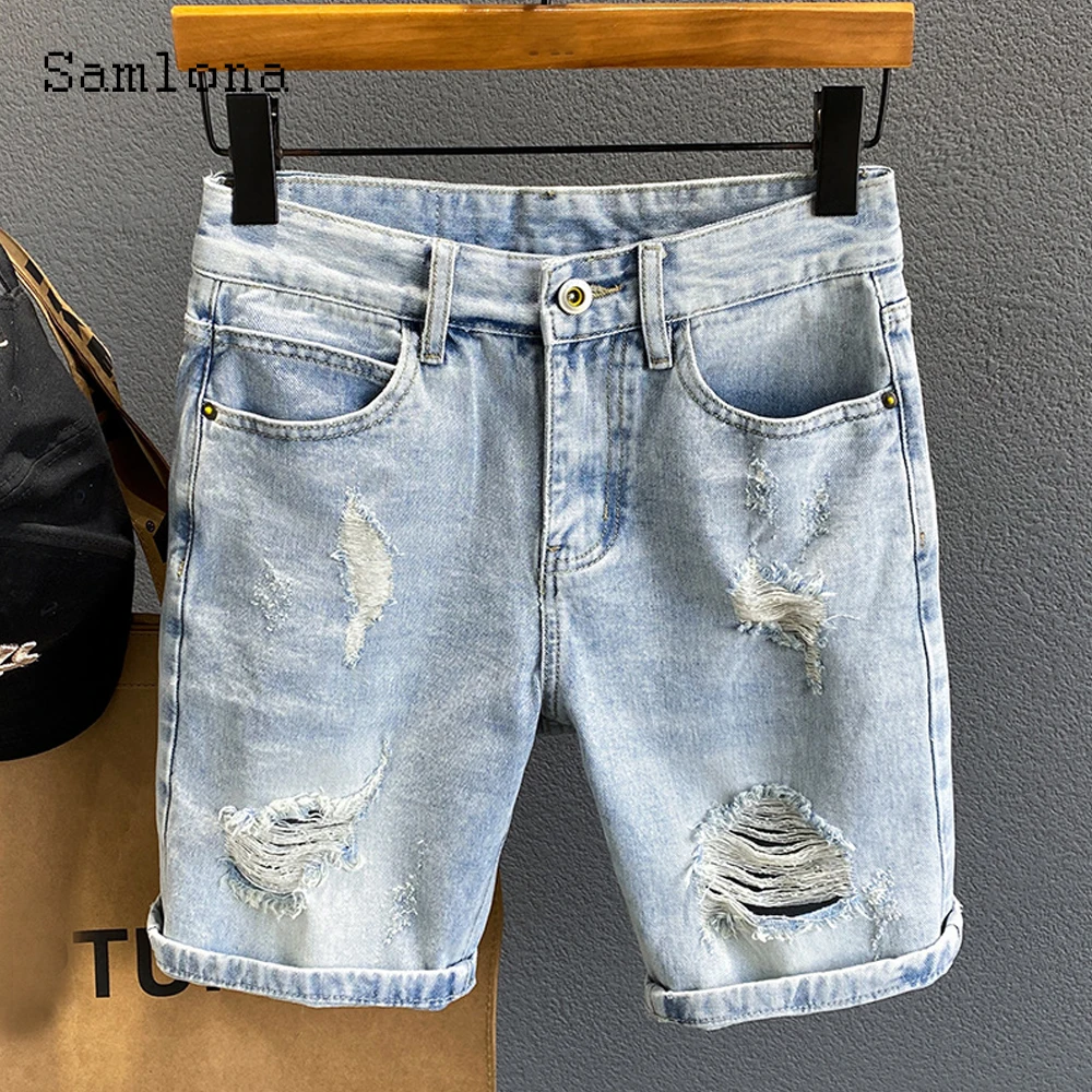 Samlona Plus Size Men Fashion Bottom Mid Waist Crimping Denim Shorts Loose Vintage Hole Ripped Short Jeans Male Summer Hotpants