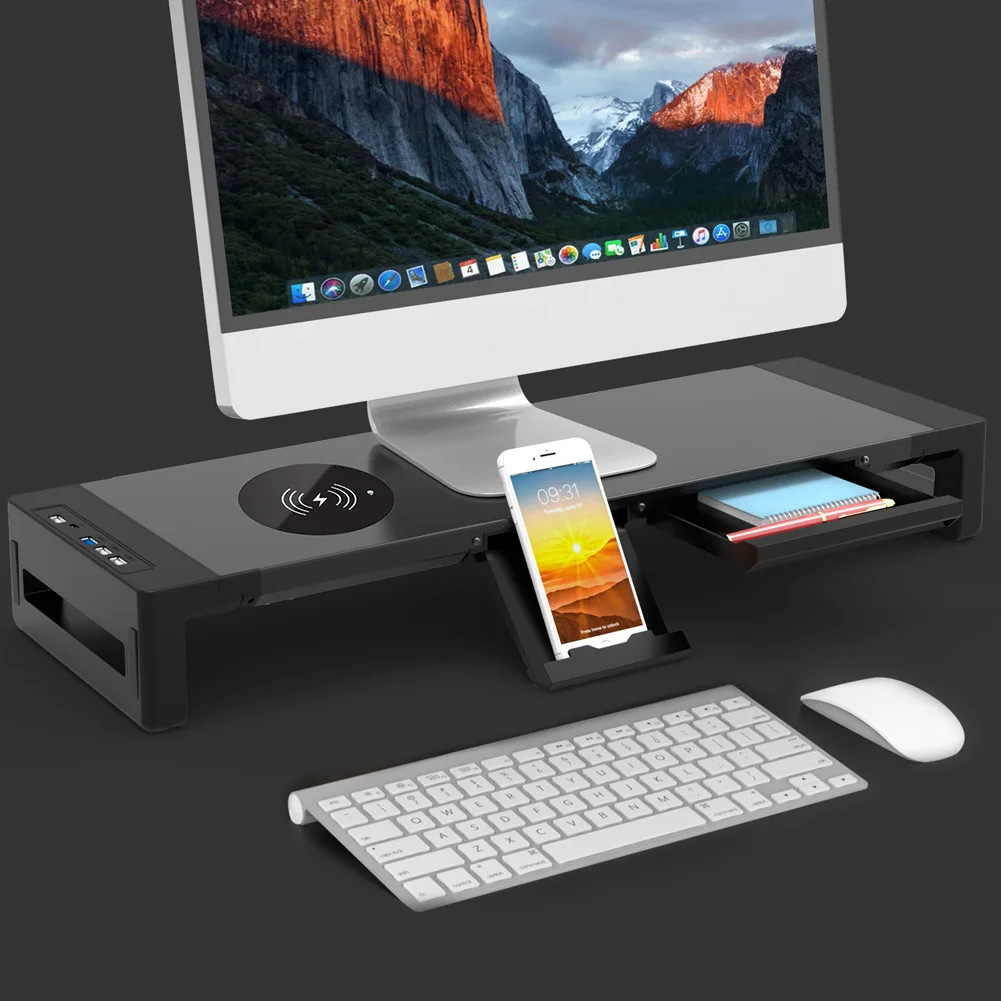 

Universal Multifunctional Computer Monitor Mounting Bracket with USB 3.0 Wireless Charging Laptop Stand Metal Desktop Storage