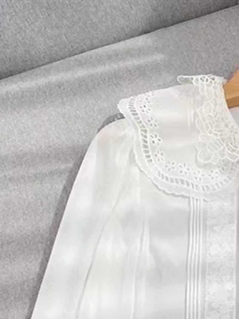 

Bow Tie Women Peter pan Collar Shirt Solid Color 2022 Autumn Top Long Sleeve Single Breasted Female Sweet Blouse