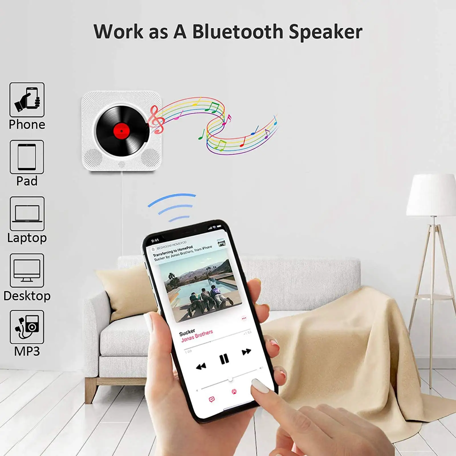 

Bluetooth CD-плеер, музыкальный плеер с FM-радио, колонками, MP3, AUX, SD-картой, США