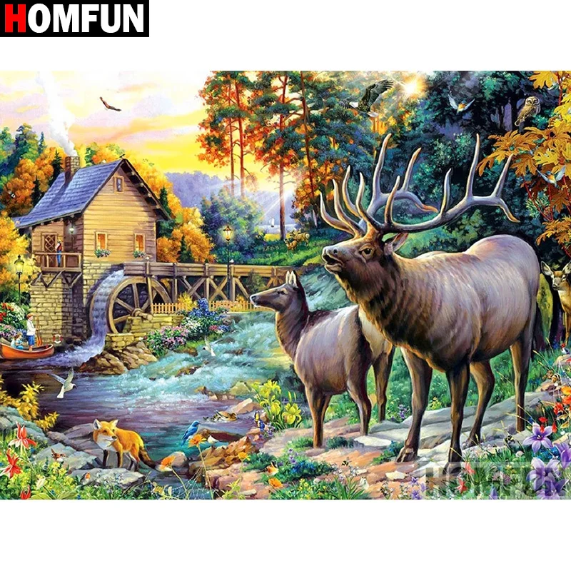 

Алмазная 5D Вышивка HOMFUN «Дом оленя», полноразмерная круглая/квадратная алмазная живопись «сделай сам», вышивка крестиком, домашний декор