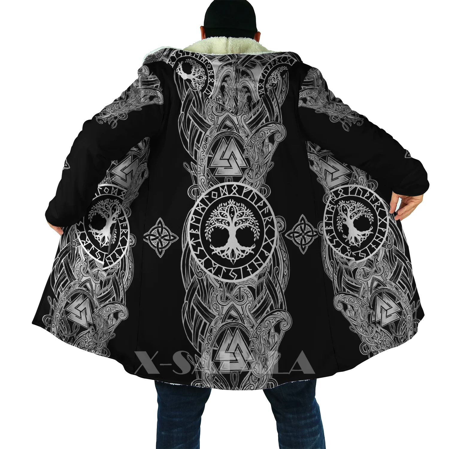 

Thick Warm Hooded Cloak for Men Tattoo Symbol Viking Armor Overcoat Coat Over 3D Print Windproof Fleece Unisex Casual-A2