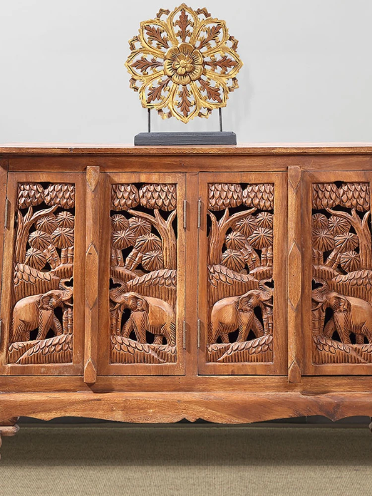 

High quality Thai solid wood carving elephant porch cabinet Southeast Asian style hot spring massage shop living room furniture