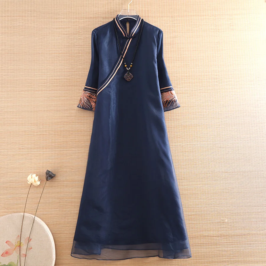 

High-end Spring Summer Organza Women Loose Floral Cheongsam Dress Retro Elegant Embroidery A-line Lady Party Qipao Dress S-XXL