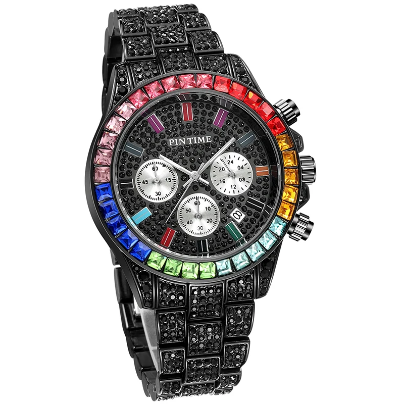 

PINTIME Man Wrist Watch Clock Male zegarek meski montre Quartz Watch Men Luxury Full Diamond Hip Hop Gold Black Iced Out Watches