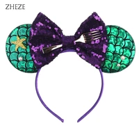 2022 new chic mermaid mouse ears headband girls kids glitter starfish hairband sequin 5hair bow party diy hair accessories