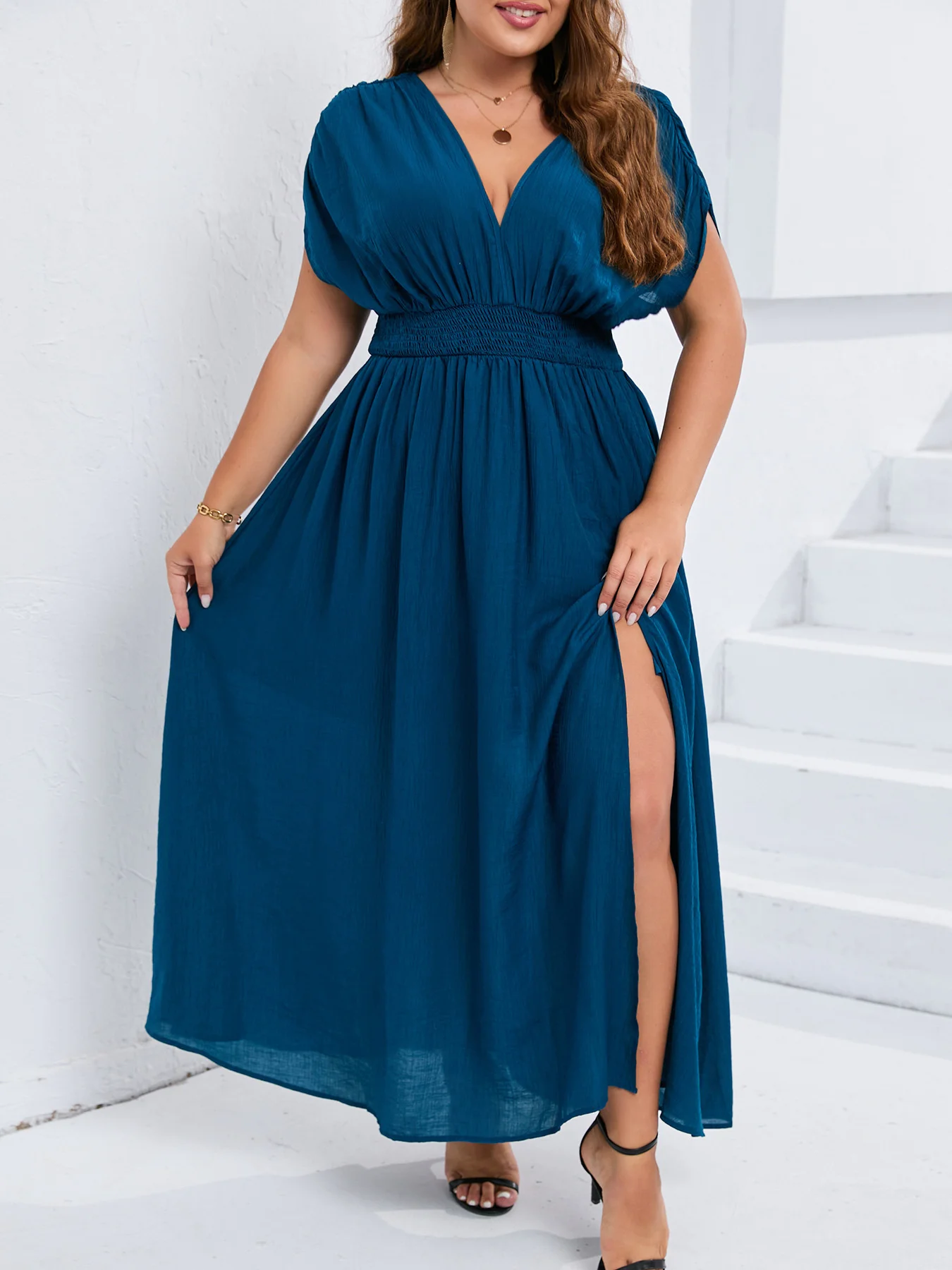 Plusee Summer Dresses Large Size Solid Color V-Neck Elastic Waist Evening Dresses Split Plus Size Fashion Casual Female Dresses