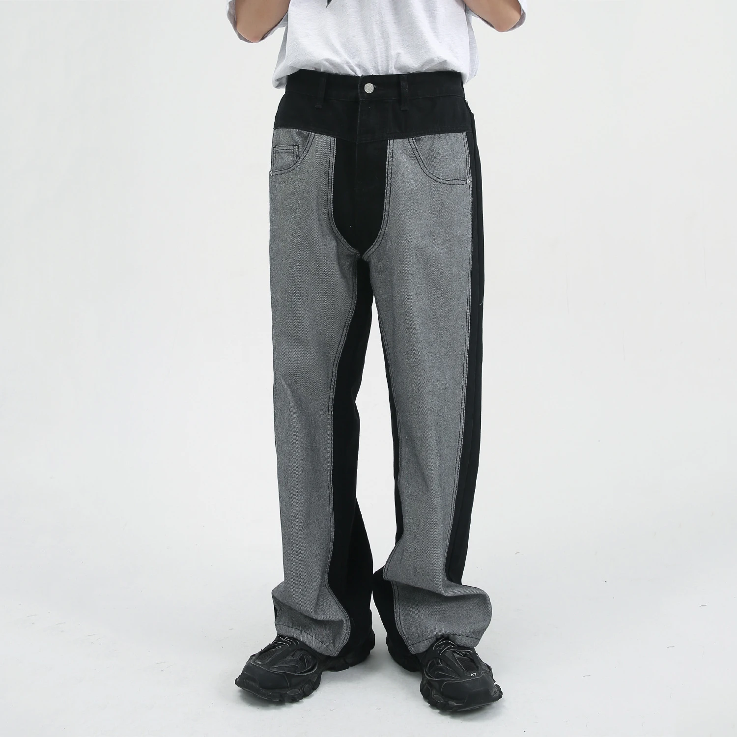 Four Seasons Men's Trousers Loose Trend Stitching Men's Straight Loose Jeans Hip Hop Style Street Jeans INS Hot Street Style