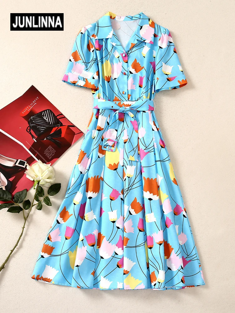 

JUNLINNA Fashion Summer Princess Dress Turn-down Collar Short Sleeve Tulip Flower Printed Midi Vestidos High Street Sashes Slim