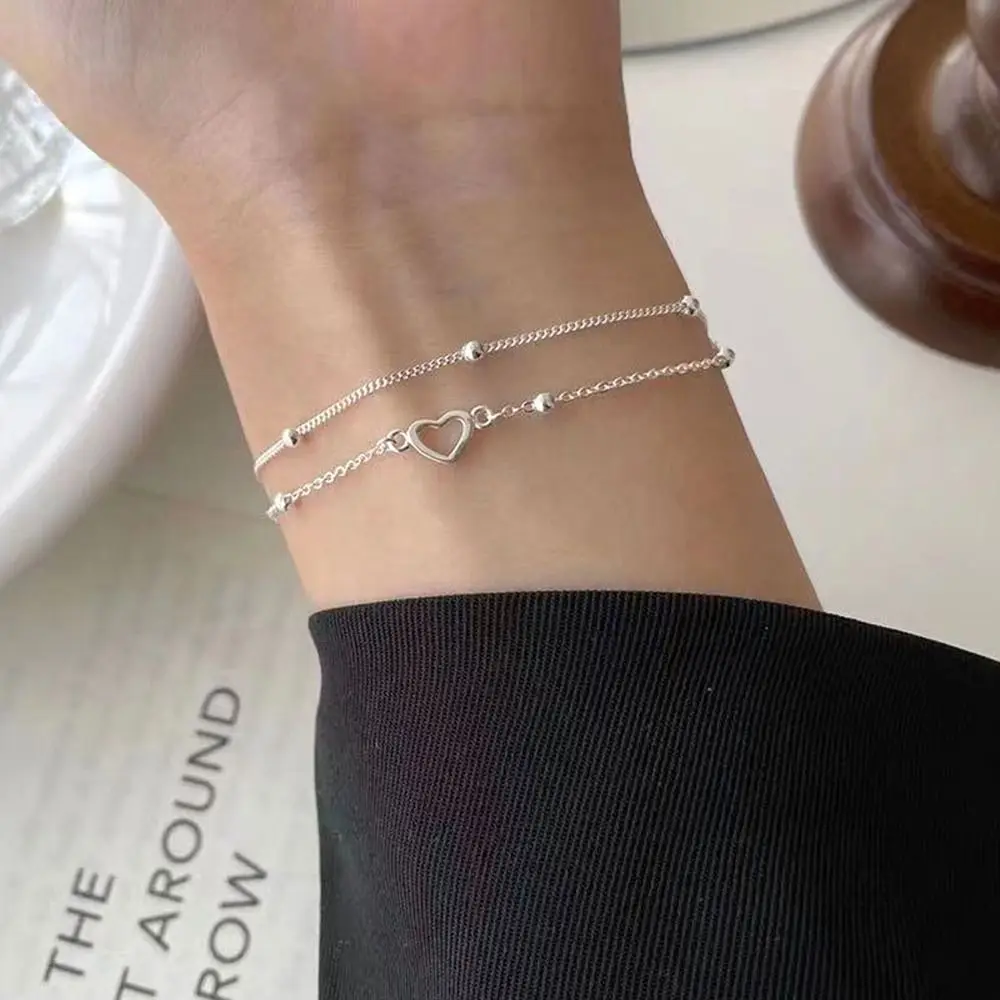 

2023 New Silver Colour Sparkling Double Layer Circle Bracelet for Women Hollow Heart Bangle Wedding Party Gift