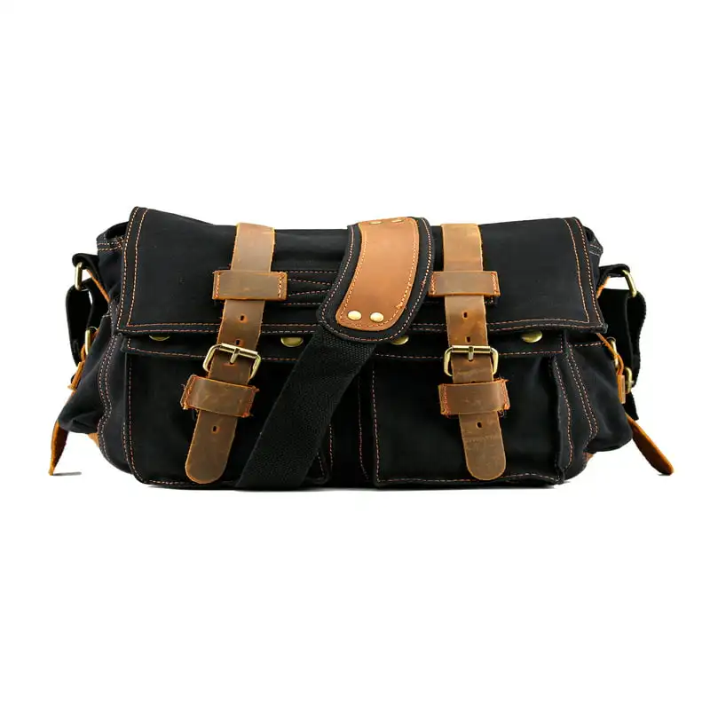 Men's Classic Black Leather Vintage Canvas and Satchel Military School Shoulder Messenger Bag - Stylish & Durable.