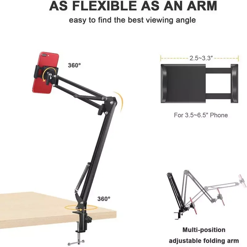 

360 Rotating Flexible Long Arms For SmartPhone Desktop Bed Lazy Bracket Stand Metal Clamp Support