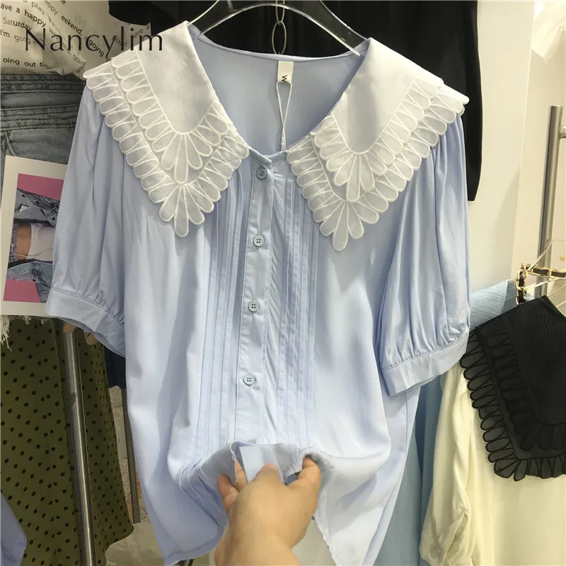 

2022 Summer Sweet Doll Collar Embroidered Shirt Women's Pleated Loose Contrast Color Blouses Short Puff Sleeve Blusas