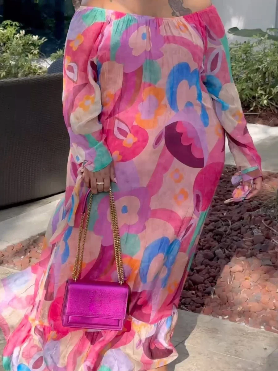 LW Plus Size dress Off The Shoulder Mixed Print Bandage Design Dress causal maxi dress Beach Long Dress Elegant Party Dresses