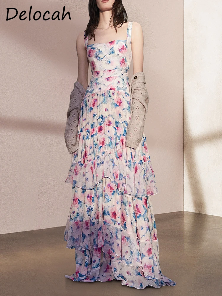 

Delocah высококачественное летнее женское модное дизайнерское длинное платье, сексуальное разноцветное платье на тонких бретелях с цветочным принтом, праздничные платья