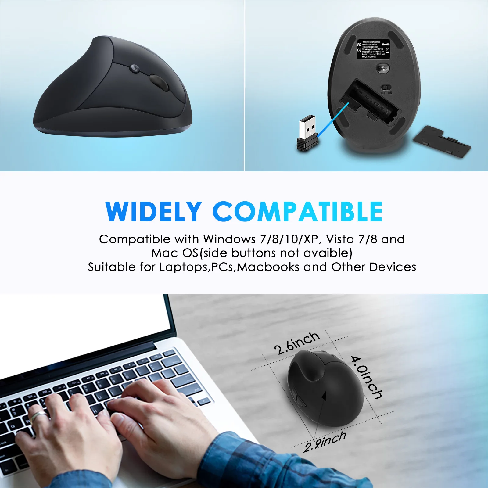 НОВАЯ вертикальная мышь беспроводная USB 2 4G 1600 точек на дюйм регулируемая правая