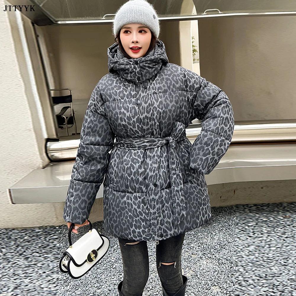 Свободное женское теплое пальто с хлопковой подкладкой и леопардовым принтом
