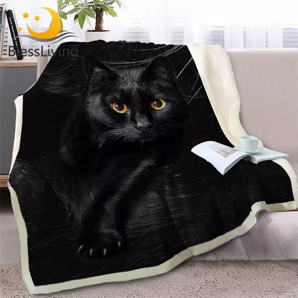 

NEW2023 Black Cat Throw Blanket on Sofa 3D Animal Plush Sherpa Blanket Lovely Pet Bedspreads Fur Print Thin Quilt 150x200cm