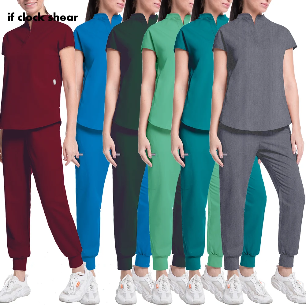 

Solid color Nurse Women Uniforms Scrubs Tops+jogging pant Nursing Work Medical Uniform Blouse Nurse Accessories Scrubs Uniforms
