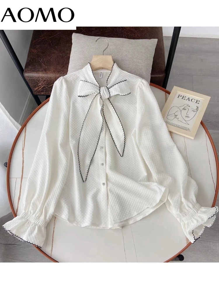 

AOMO Women Vintage Bow Neci Thick Shirt Long Sleeve 2022 Chic Female High Street Shirt 4R05A