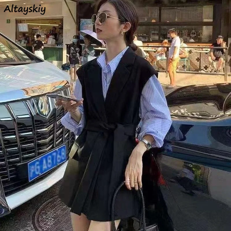 

Vest Women Temperament Sashes Streetwear Simple Pure-black Classy Office Ladies Fashionable Baggy Outwear Korean Version Basic