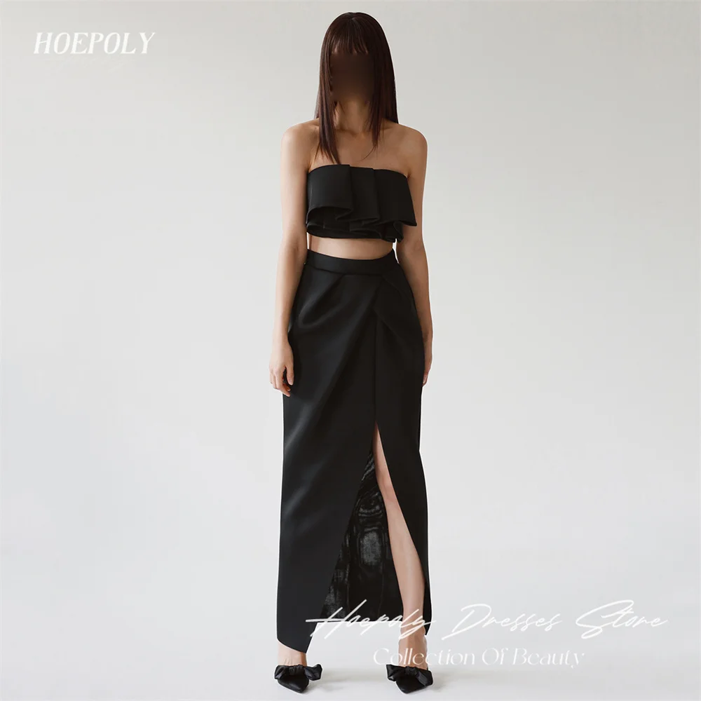 

Hoepoly Black Formal Strapless Sleeveless Pleat Mermaid Long Evening Dress Ankle Length High Slit Classy Prom Gown New 프롬드레스