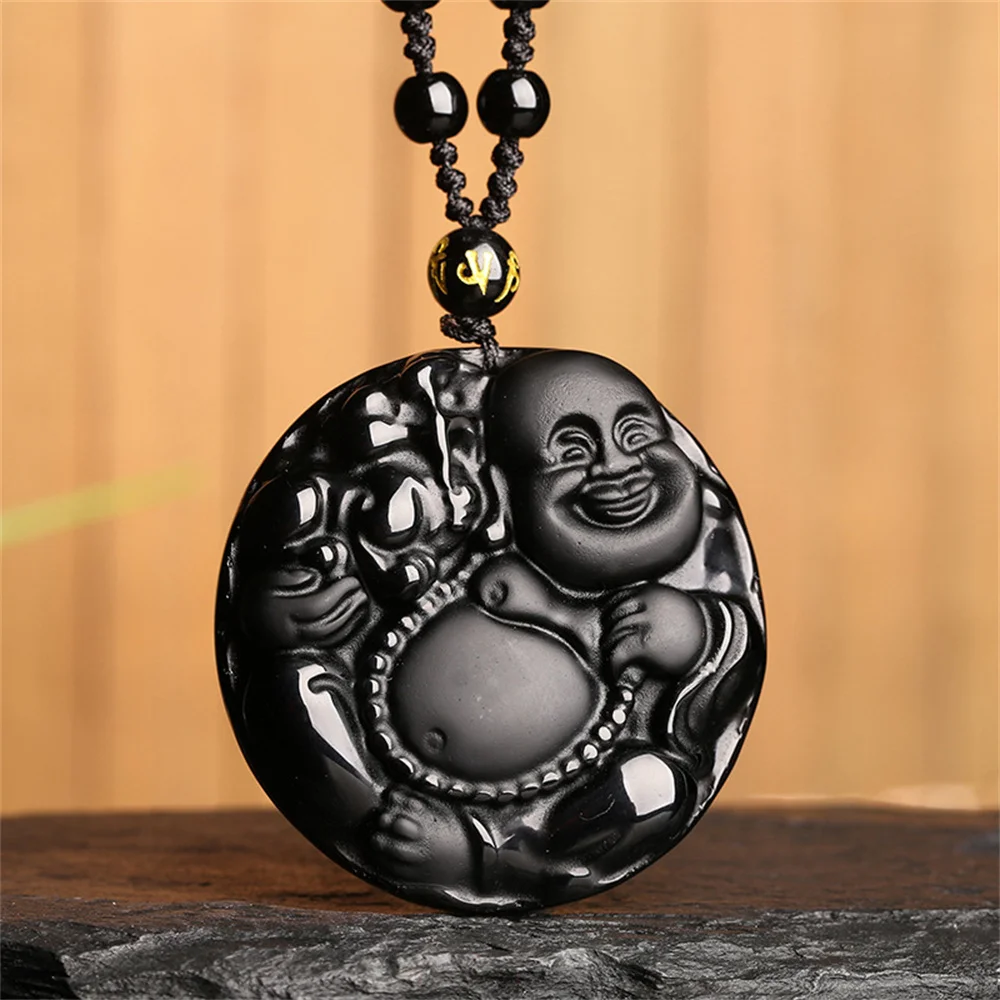 

Charming Natural Black Obsidian Carved Chinese Laughing Buddha Round Blessing Amulet Lucky Pendant + Beads Necklace Gift Jewelry