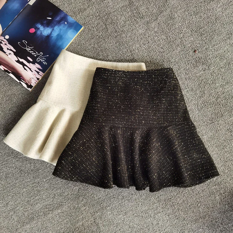 

Юбка женская трапециевидная из шерстяной ткани, пикантная модная универсальная утепленная мини-юбка с завышенной талией в стиле Харадзюку,...