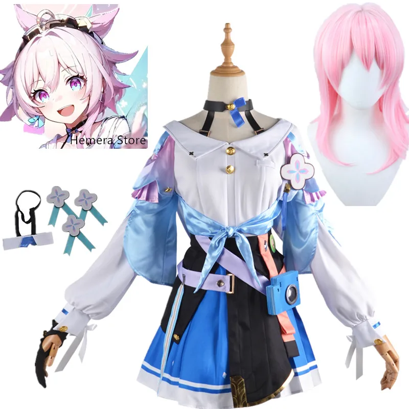 

Anime Game Honkai Star Rail 7th March Cosplay Costumes Uniform Outfit Halloween Carnival Party Women Dress Lolita Pink Wig
