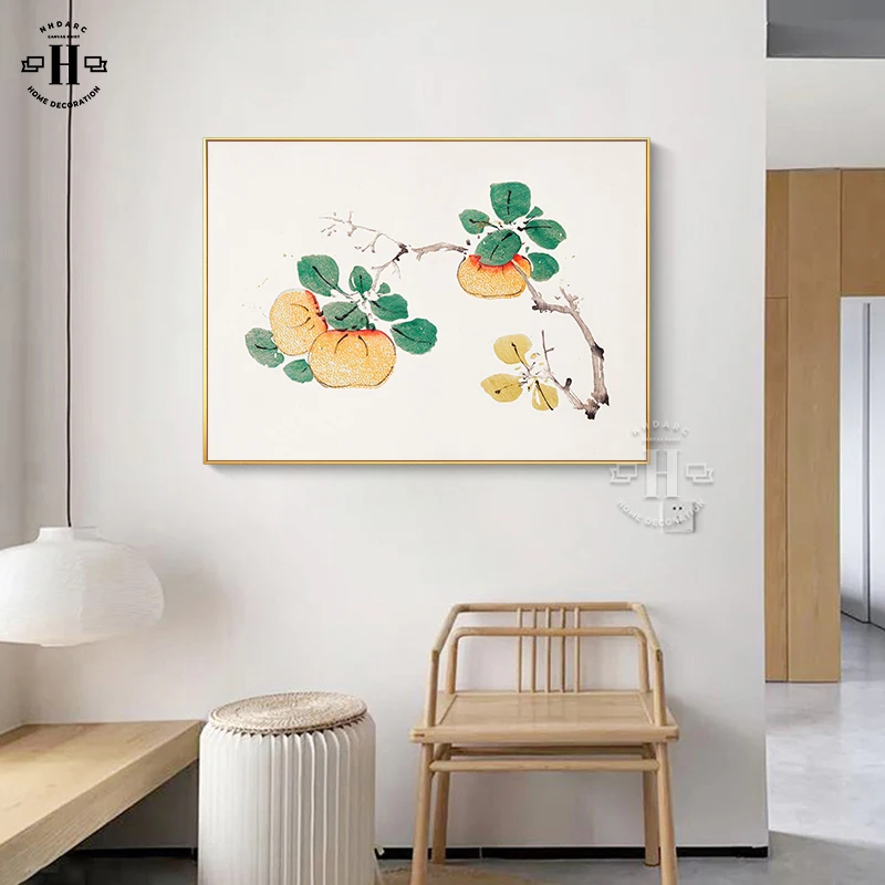 

New Chinese Style Canvas Print Still Life Persimmons Apricot Flowers Birds Wall Picture Painting Poster Living Room Home Decor