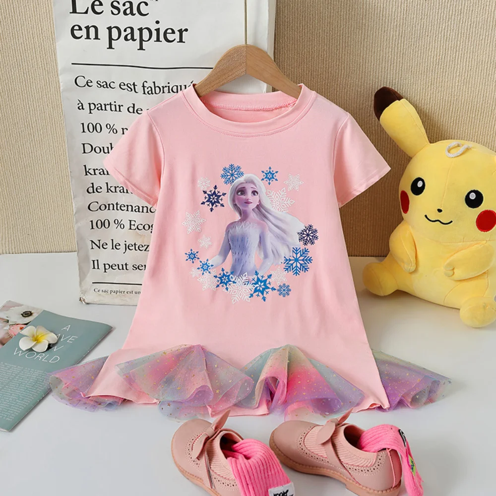 

Girls' New Casual Summer Disney Print Elsa Short Sleeve Sequin Mesh Rainbow Pink T-shirt Dress for Kids 2-11 Years Clothing