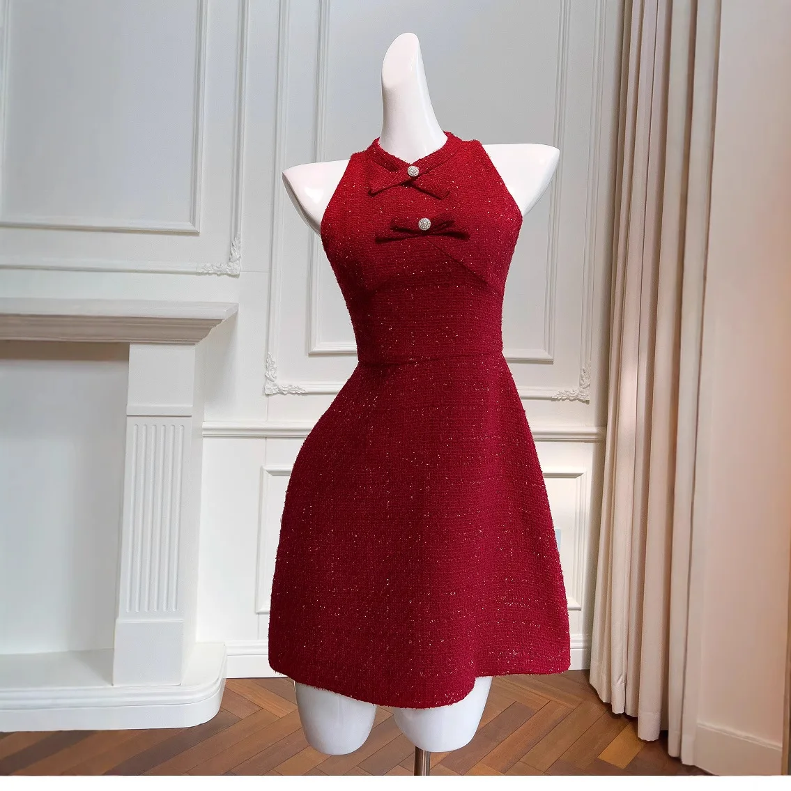 2025 Spring and Autumn Red New Year Women clothes Light Luxury Graceful Tweed Socialite Small Hanging Neck Formal Dress