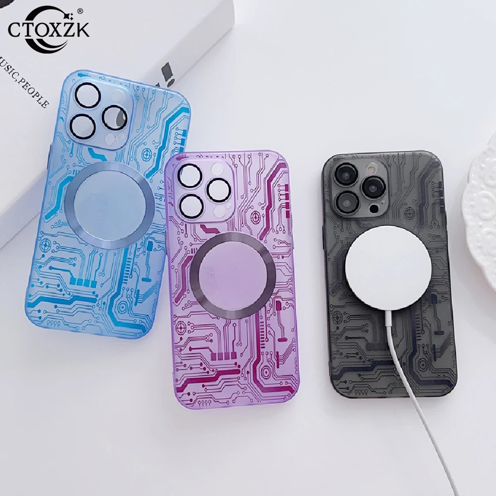 

Circuit Diagram Board Luxury Phone Case For iPhone 11 12 13 14 Pro Max Magnetic Wireless Charging Anti fingerprint Skin Cover